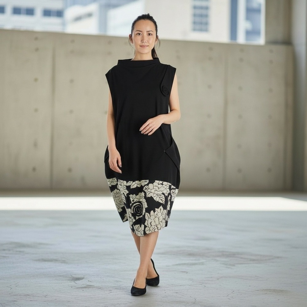 Sasaki‎ Art Gallery Oragami Dress Black Floral  Sleeveless Womens Size Small